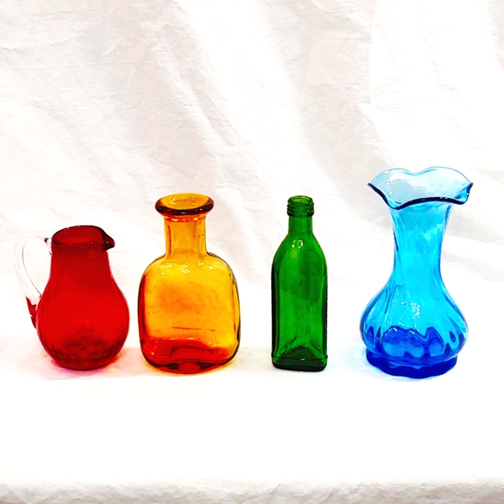 Vintage Lot of 4 Collectible Art Glass Pitcher, Bottles & Vase